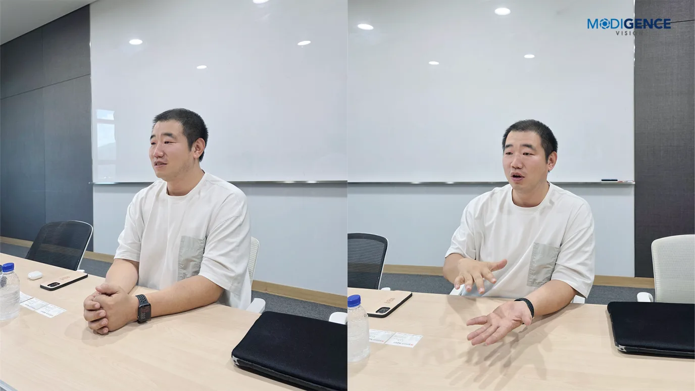 CEO Kim Dae-hee speaking at a conference table during the interview, in two frames