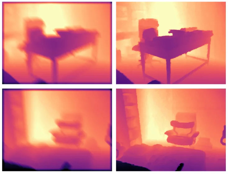 Depth maps captured by a MARU ToF module: four indoor scenes rendered as distance gradients, near surfaces light and far surfaces dark