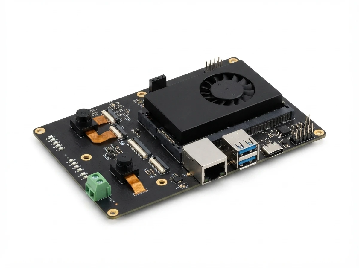 MARU Development Kit Type A — two camera lenses on a board with the compute module and fan, Ethernet, two USB-A and USB-C