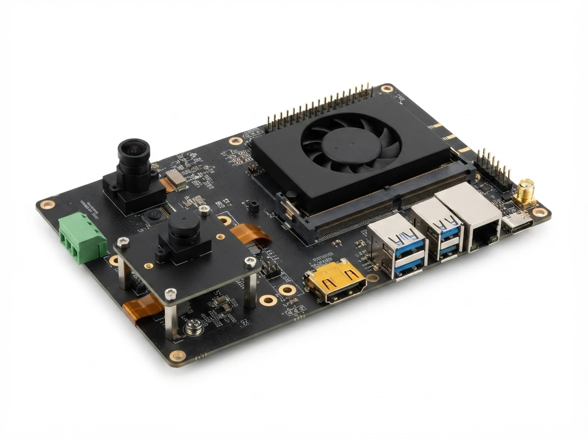 MARU Development Kit Type N — three camera lenses on a board with the Jetson module and fan, HDMI, two USB-A, Ethernet, USB-C and an antenna connector
