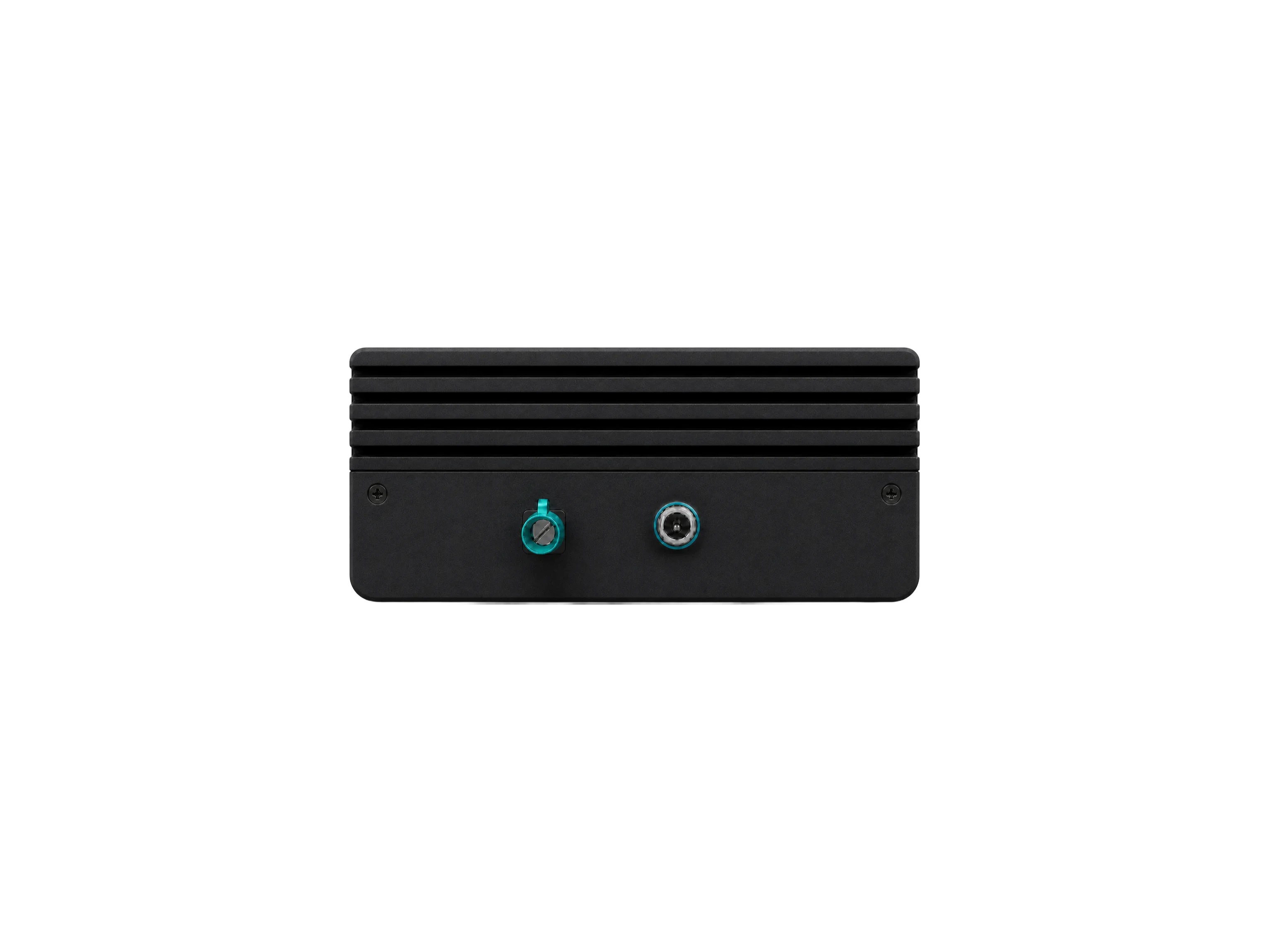 Rear face of the SerDes edge body showing a locking coaxial connector and a power connector below the heat fins
