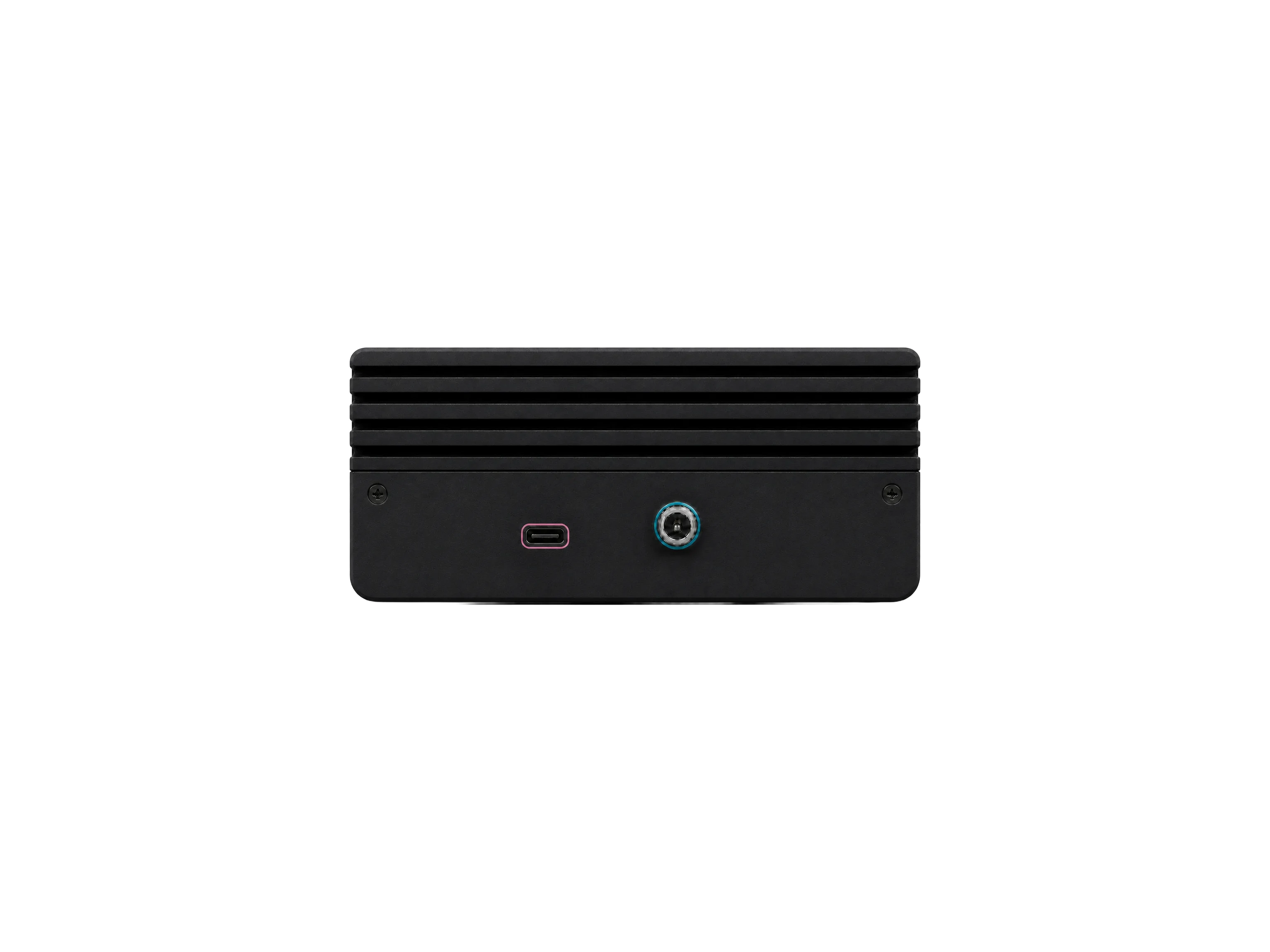 Rear face of the USB-C edge body showing a USB-C port and a power connector below the heat fins