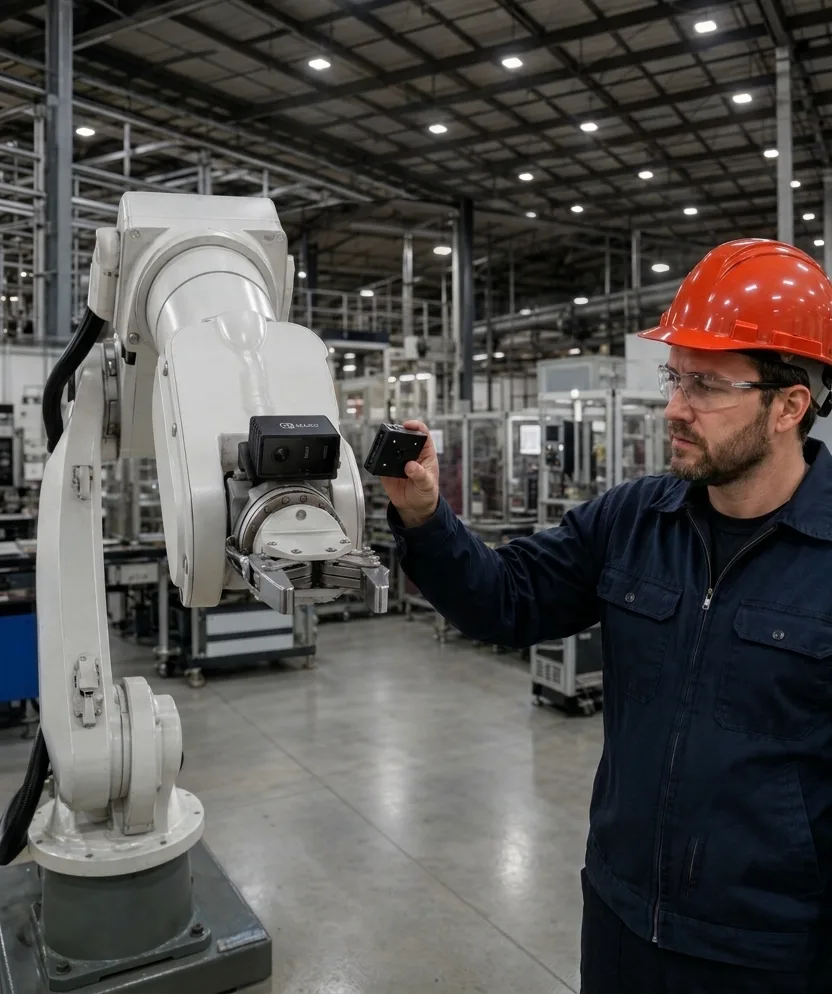 A worker in a hard hat standing at a robot-arm cell on a production line