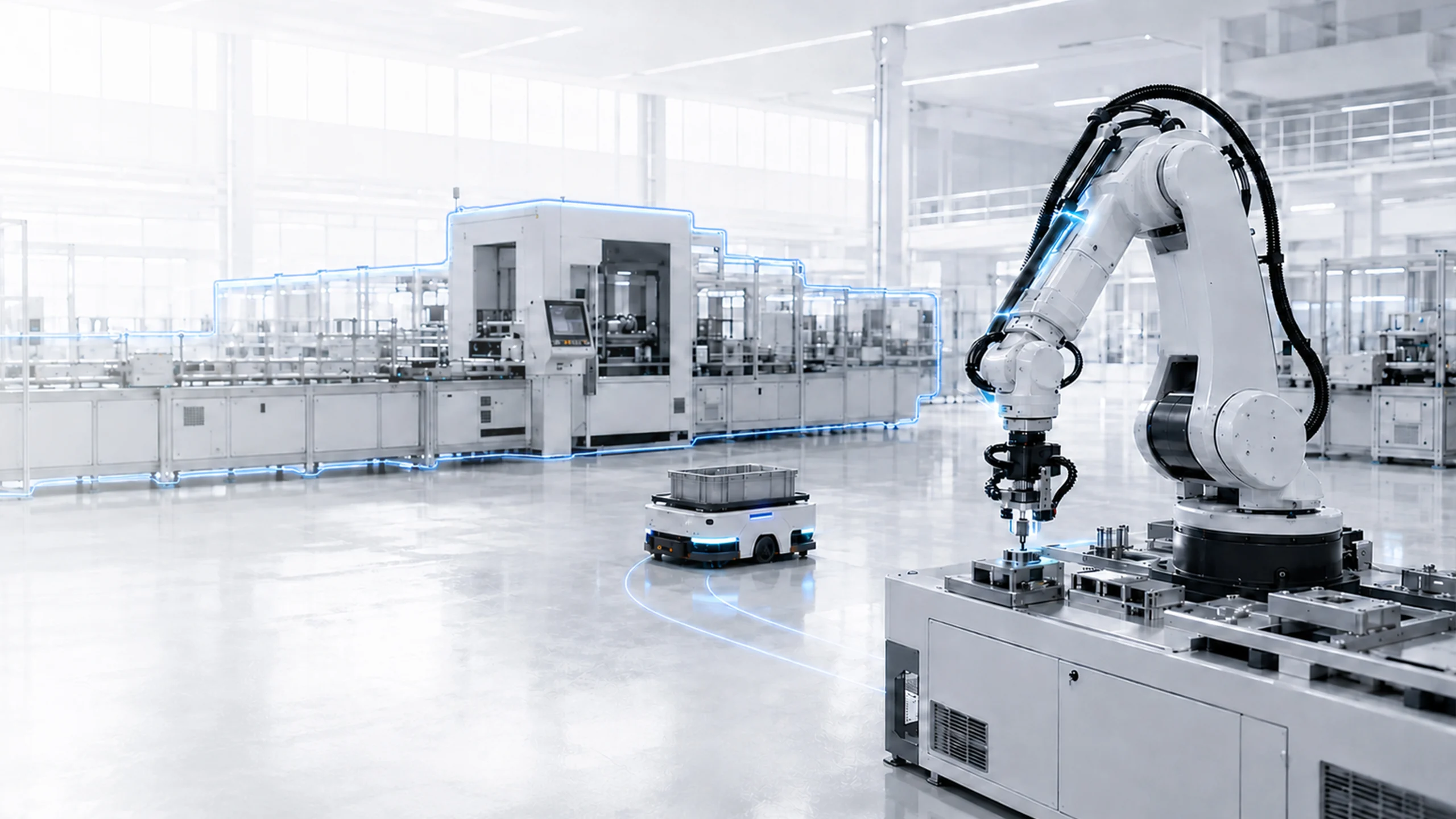 An industrial robot arm and an autonomous mobile robot on an automated production floor — perception for Physical AI